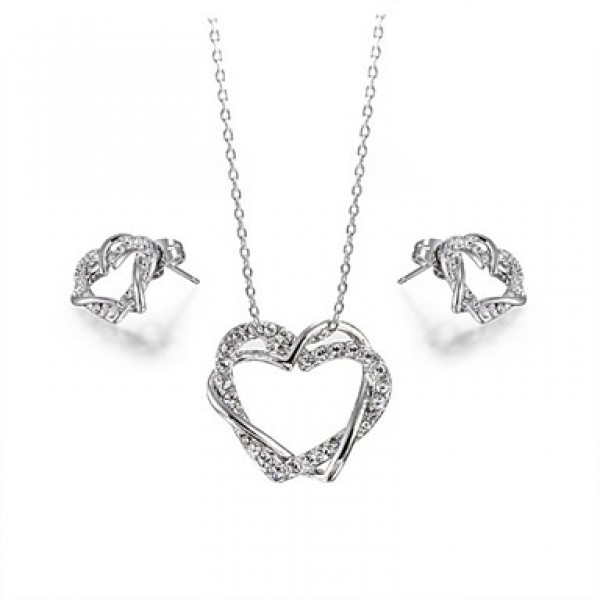 Women's Love Heart Designer CZ Diamond Pendant Jewelry 18K White Gold Plated Wedding Necklace Earrings Sets  