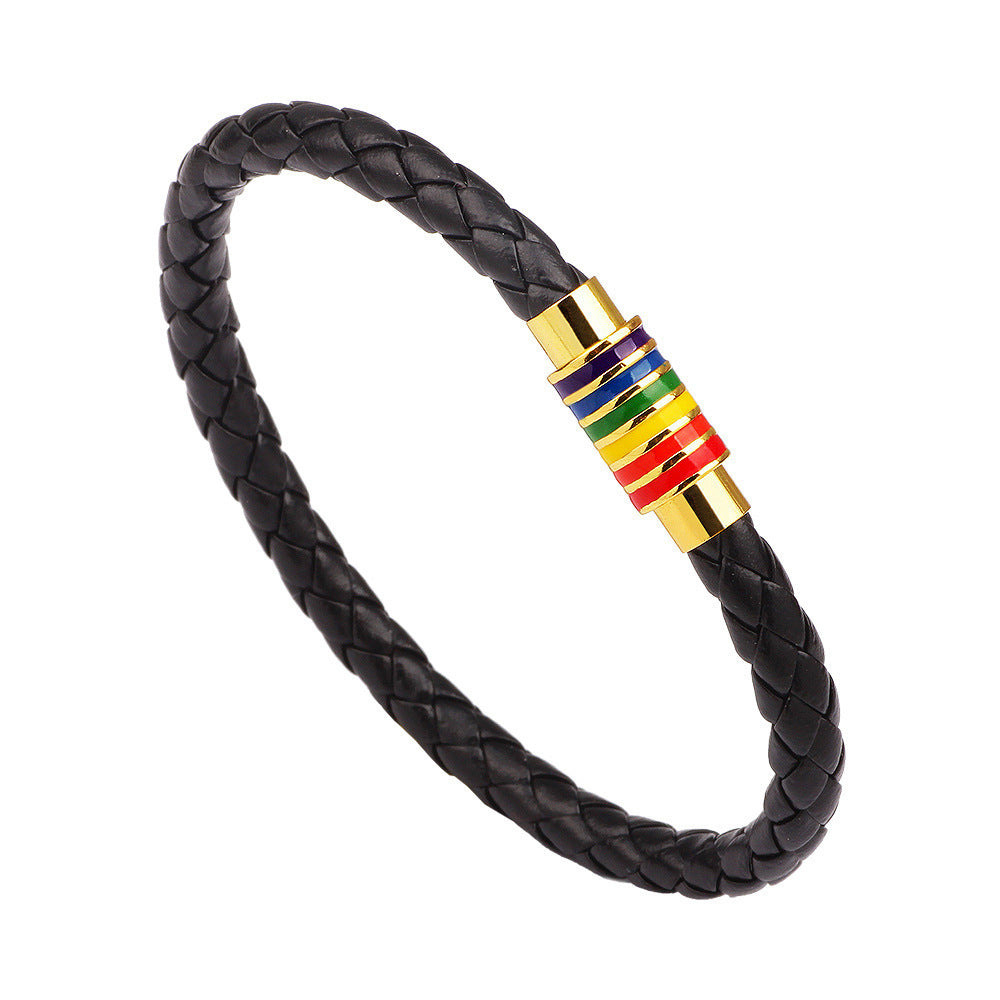 Simple Braided Rainbow Magnet Buckle Genuine Leather Bracelet