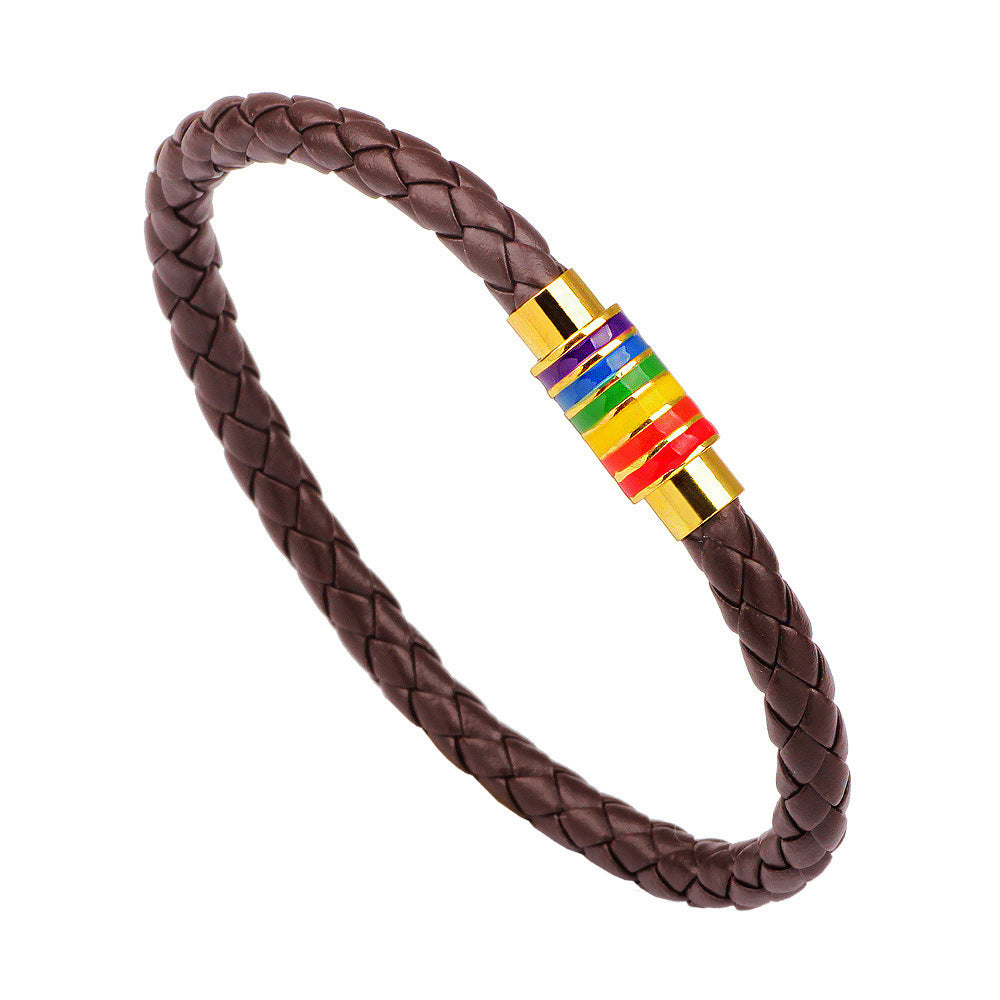 Simple Braided Rainbow Magnet Buckle Genuine Leather Bracelet