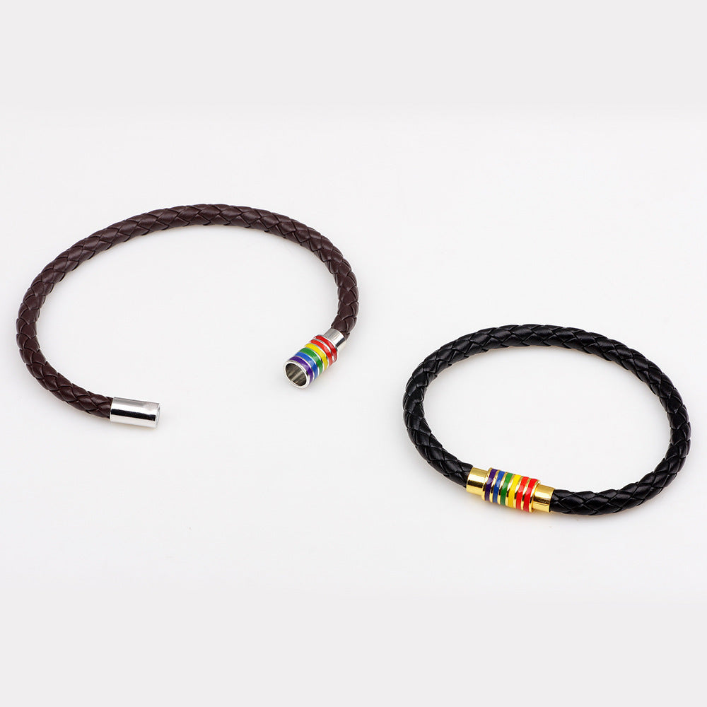Simple Braided Rainbow Magnet Buckle Genuine Leather Bracelet