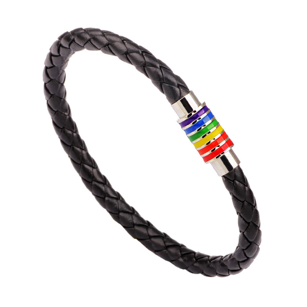 Simple Braided Rainbow Magnet Buckle Genuine Leather Bracelet