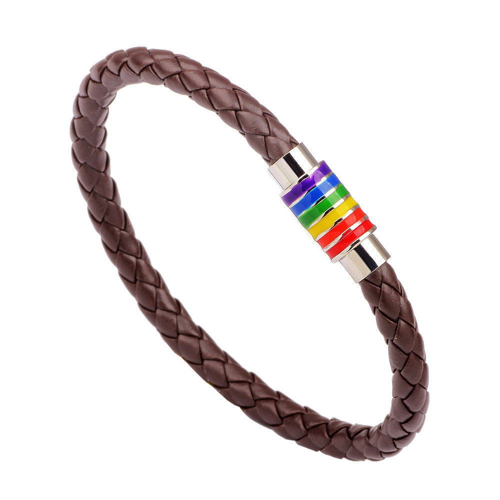 Simple Braided Rainbow Magnet Buckle Genuine Leather Bracelet