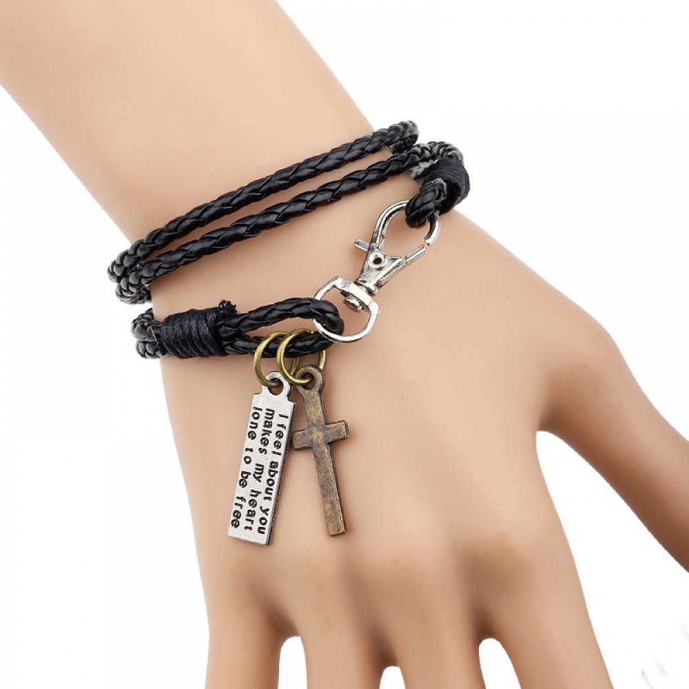 Cross Double Layer Multi-Circle Wrap Leather Bracelet