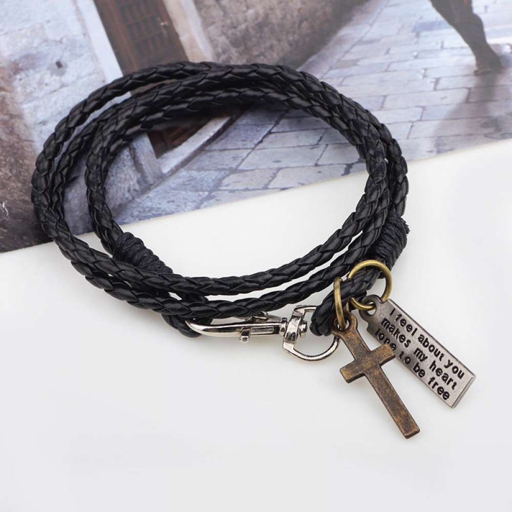 Cross Double Layer Multi-Circle Wrap Leather Bracelet