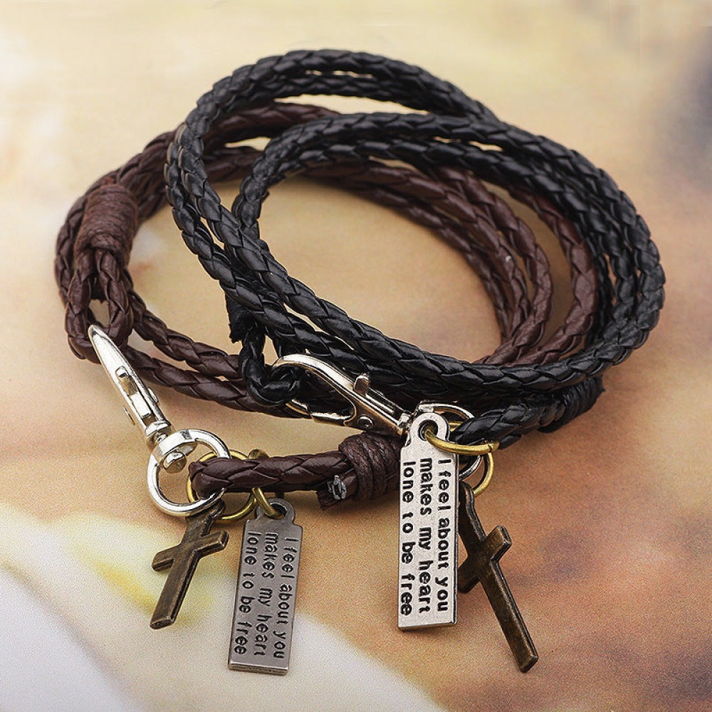 Cross Double Layer Multi-Circle Wrap Leather Bracelet