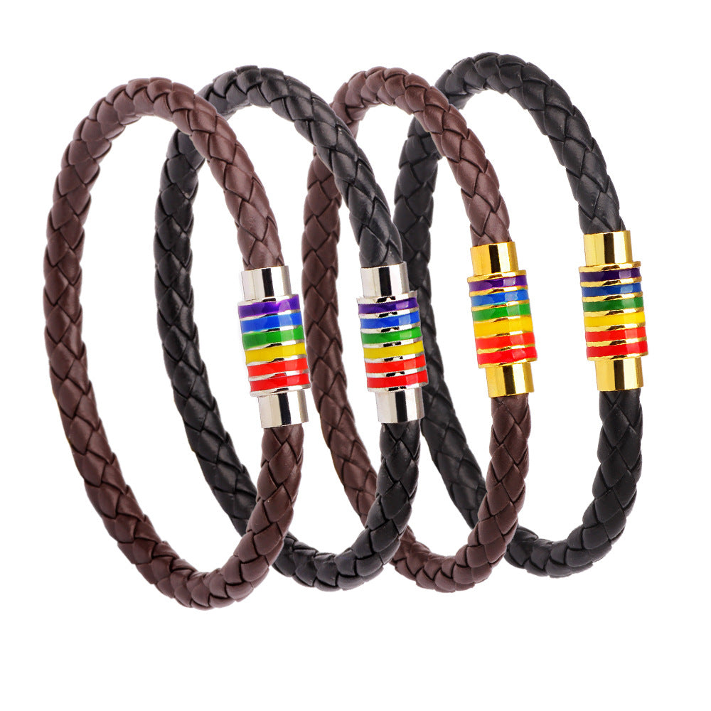 Gay Braided Cowhide Rainbow Colorful Fashion Copper Magnetic Clasp Bracelet
