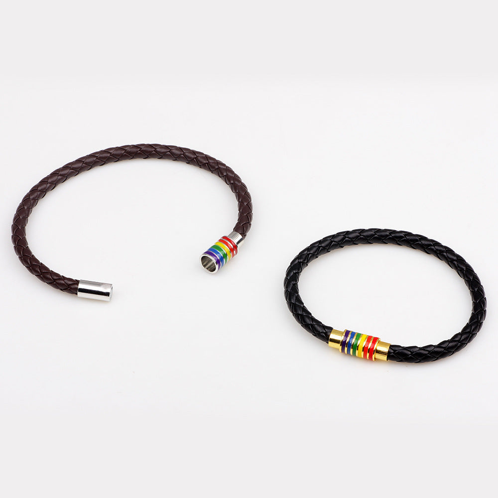 Gay Braided Cowhide Rainbow Colorful Fashion Copper Magnetic Clasp Bracelet