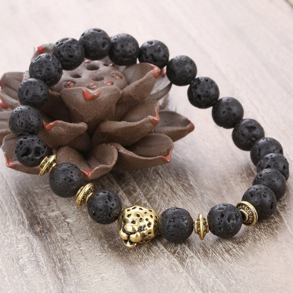 Alloy Leopard Head Volcanic Rock Elastic Bracelet