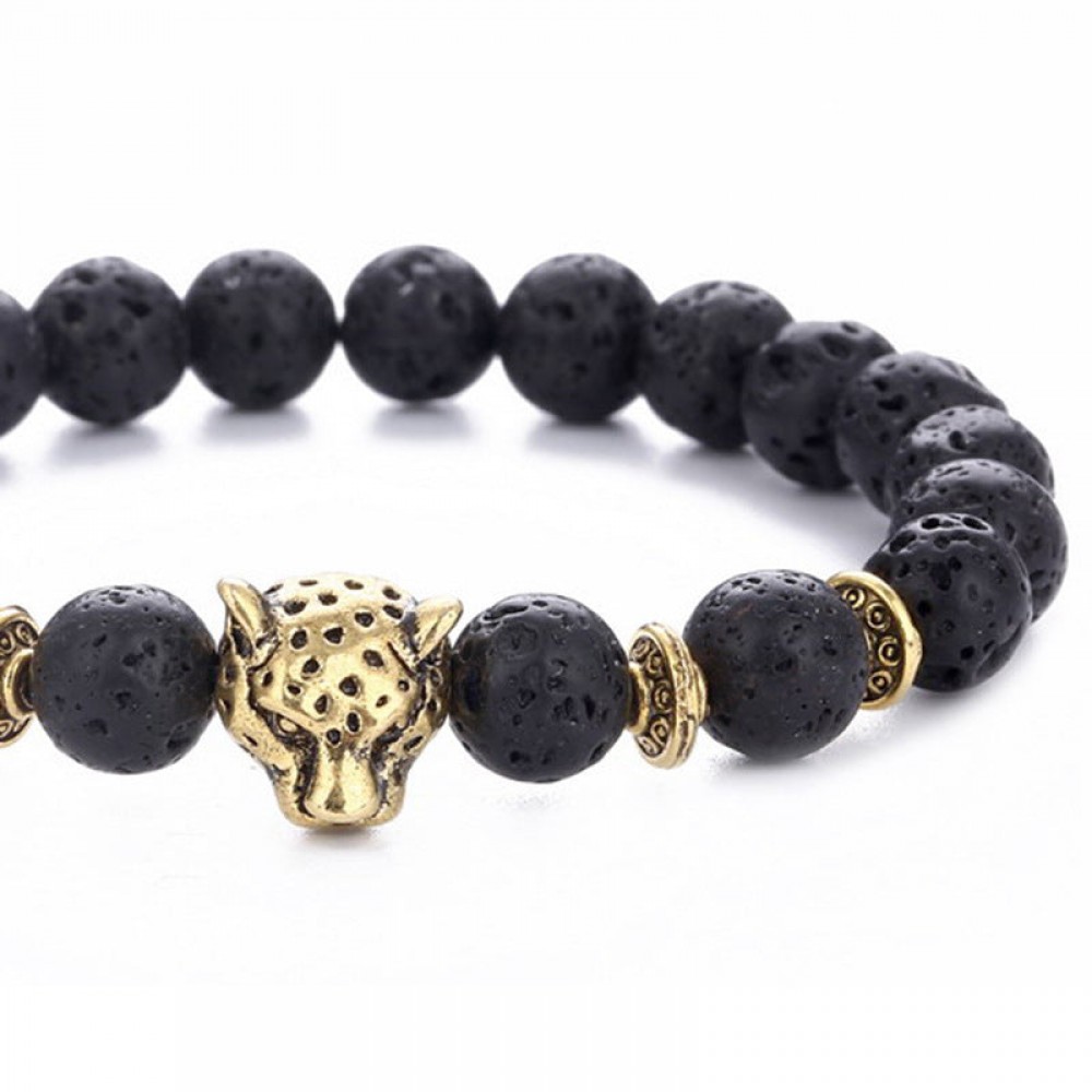 Alloy Leopard Head Volcanic Rock Elastic Bracelet