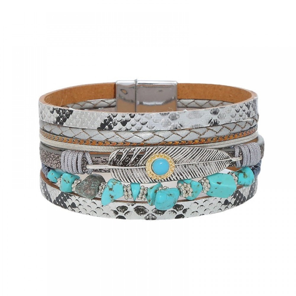 Crystal Leather Braided Leather Vintage Bohemian Feather Turquoise Gravel Magnet Clasp Bracelet