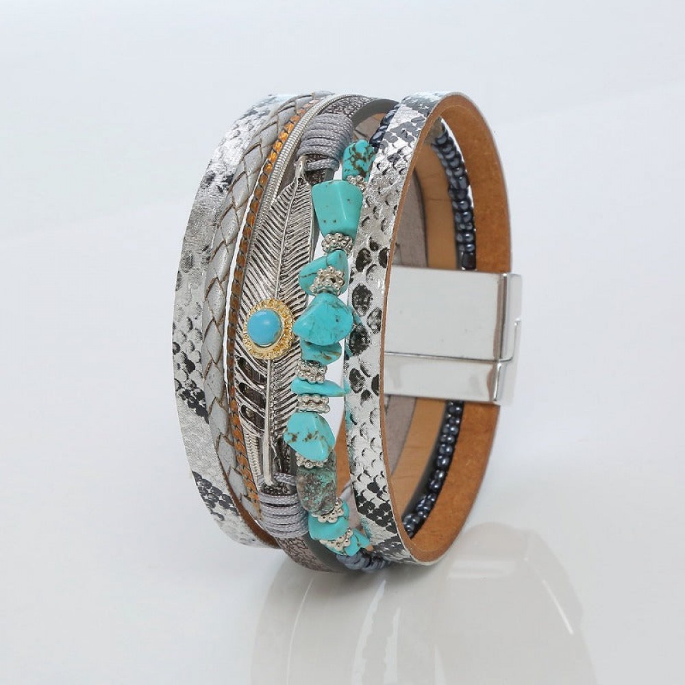 Crystal Leather Braided Leather Vintage Bohemian Feather Turquoise Gravel Magnet Clasp Bracelet