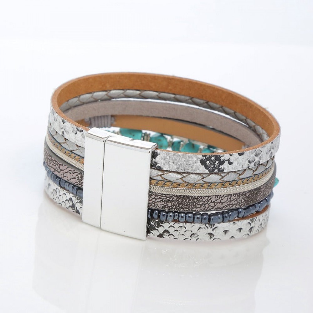 Crystal Leather Braided Leather Vintage Bohemian Feather Turquoise Gravel Magnet Clasp Bracelet