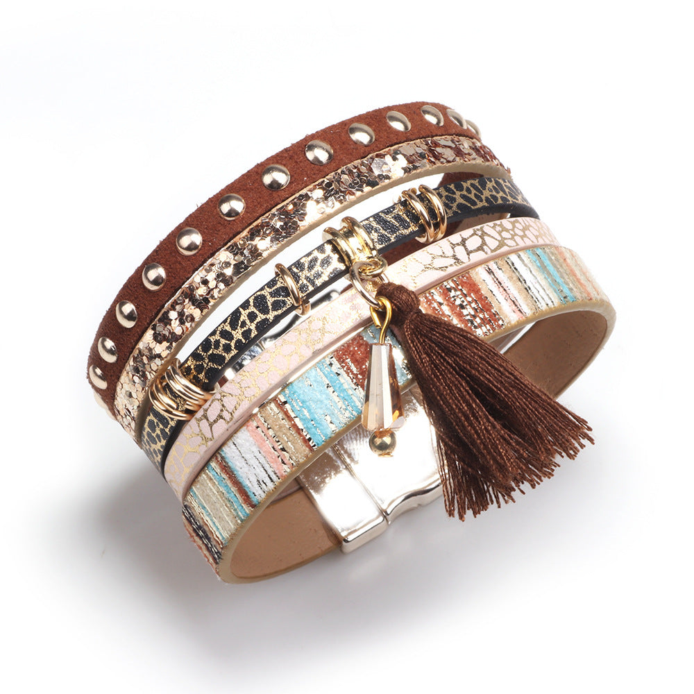 Fashion Multi-layer Tassel Leather Magnetic Buckle Bracelet