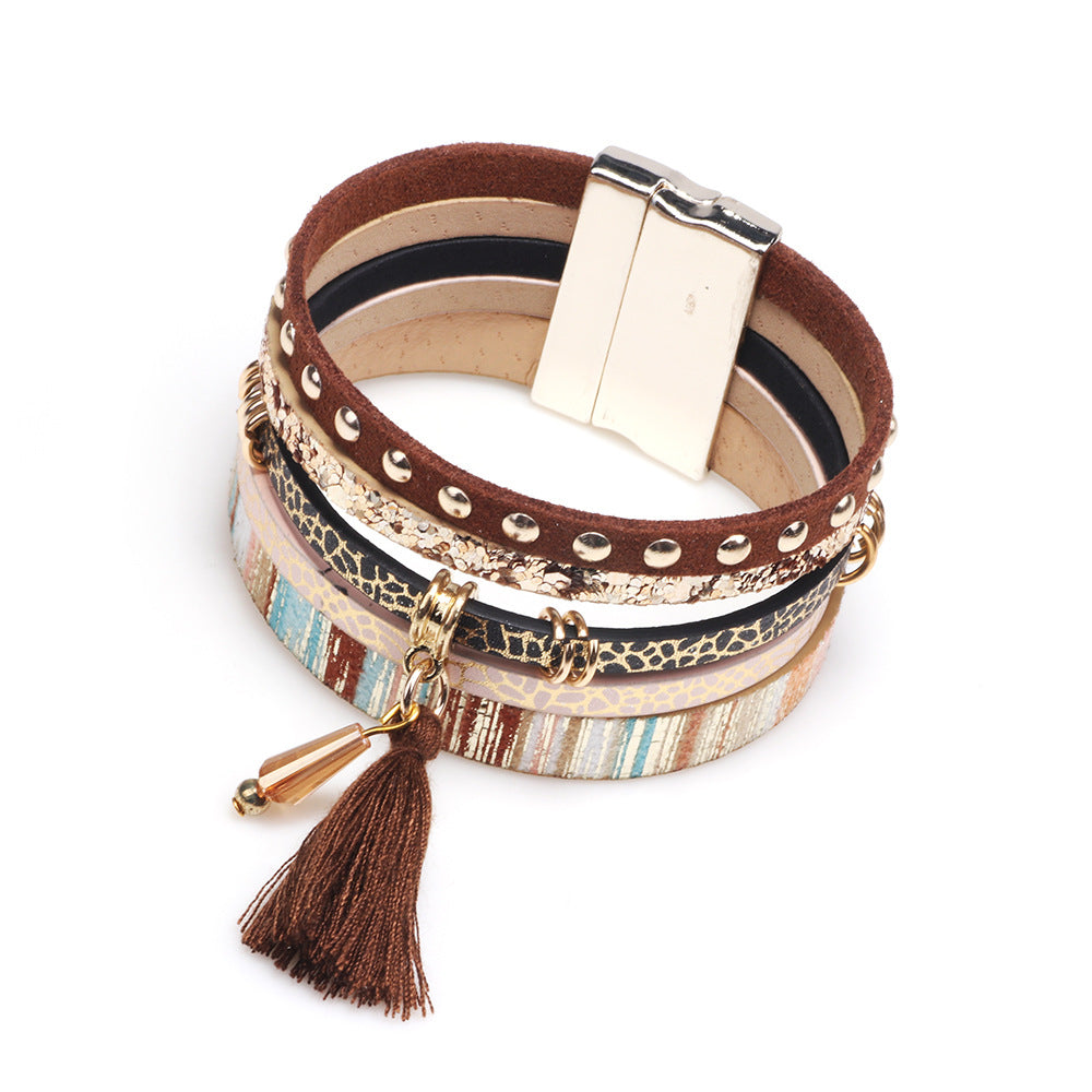 Fashion Multi-layer Tassel Leather Magnetic Buckle Bracelet