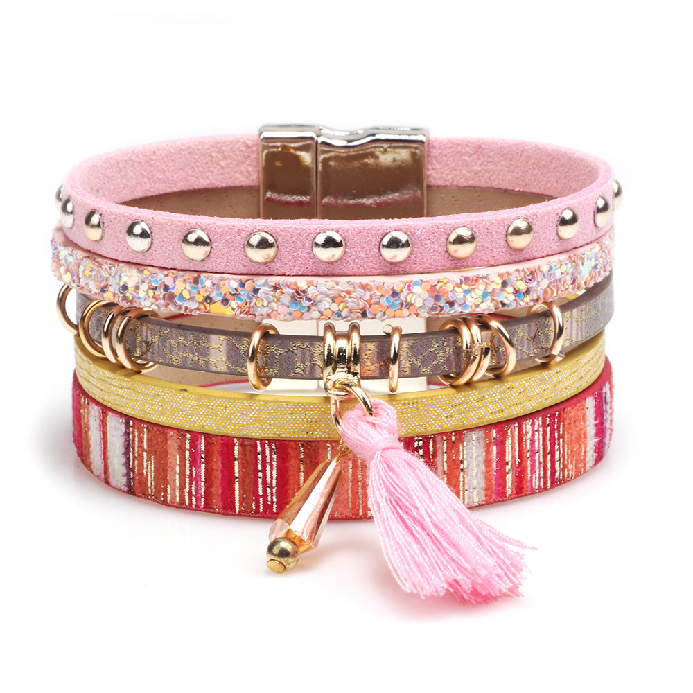 Fashion Multi-layer Tassel Leather Magnetic Buckle Bracelet