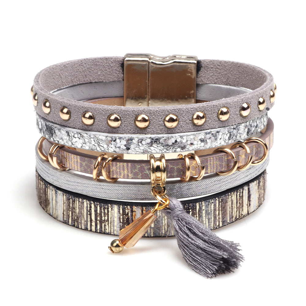 Fashion Multi-layer Tassel Leather Magnetic Buckle Bracelet
