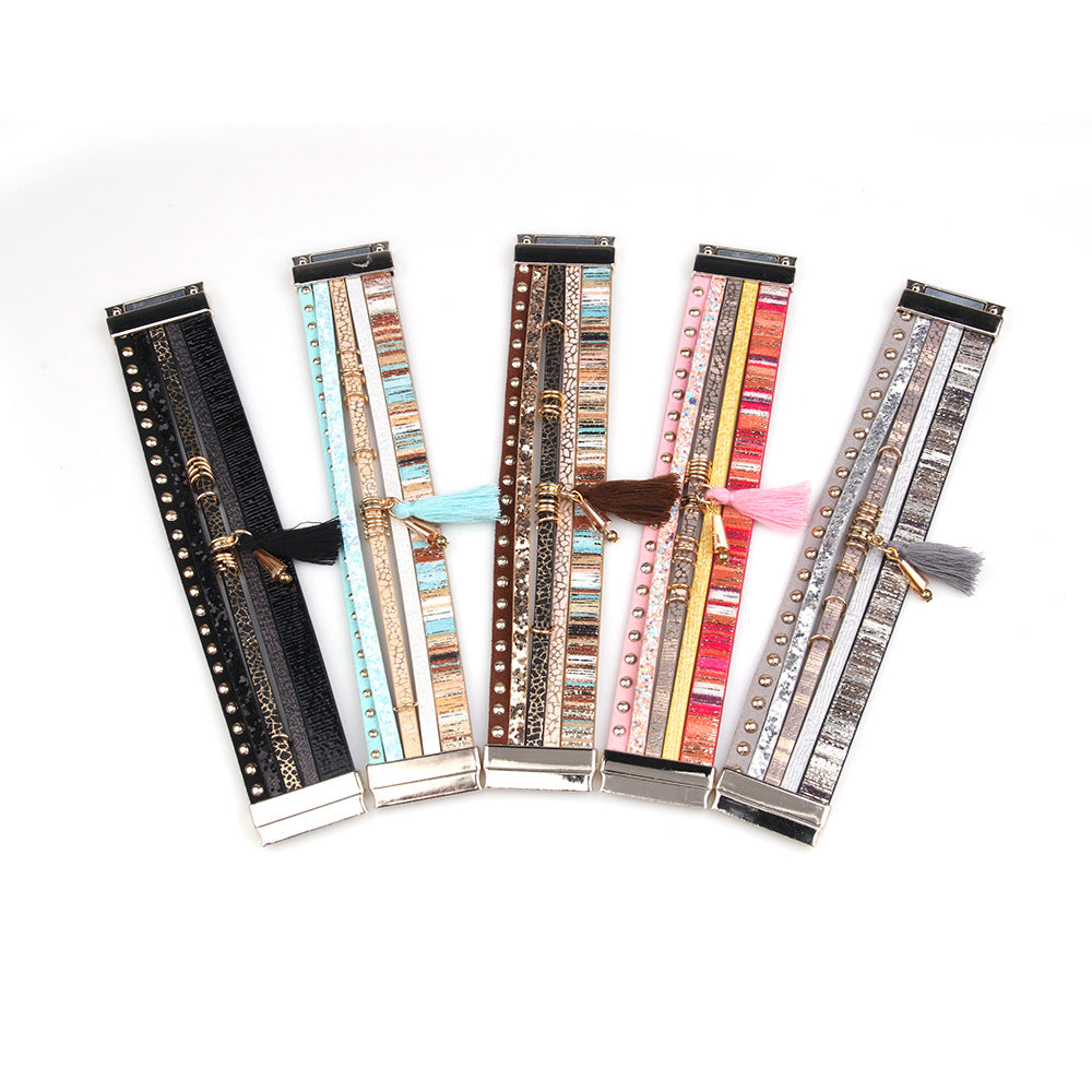 Fashion Multi-layer Tassel Leather Magnetic Buckle Bracelet