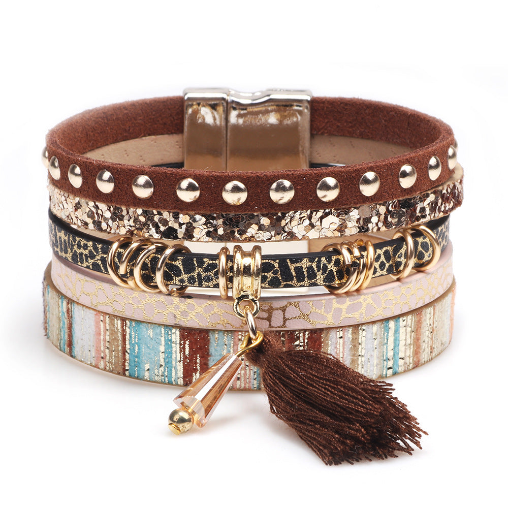 Fashion Multi-layer Tassel Leather Magnetic Buckle Bracelet