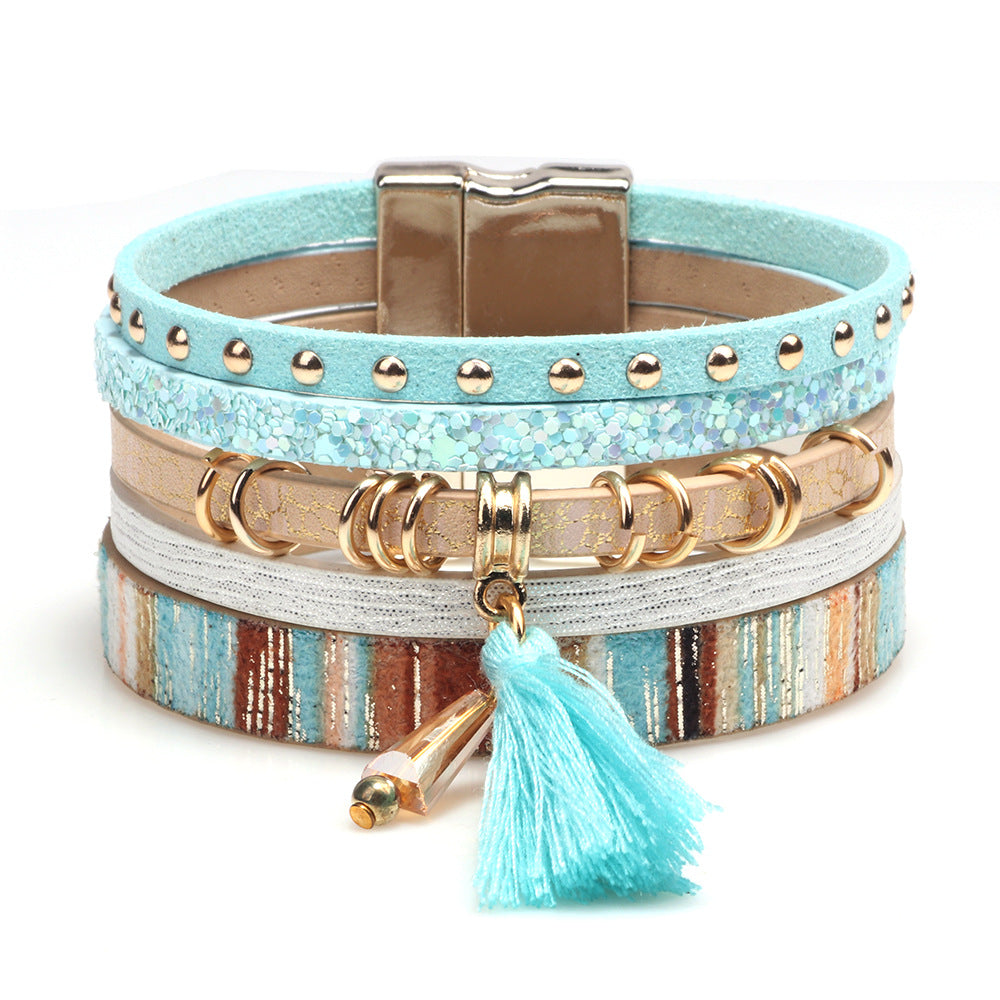 Fashion Multi-layer Tassel Leather Magnetic Buckle Bracelet