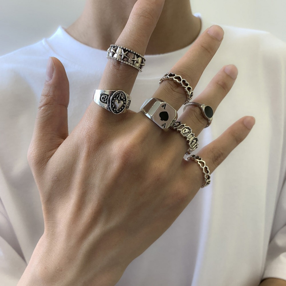 Men's metal ring set geometric hollow oil drop ring set ring