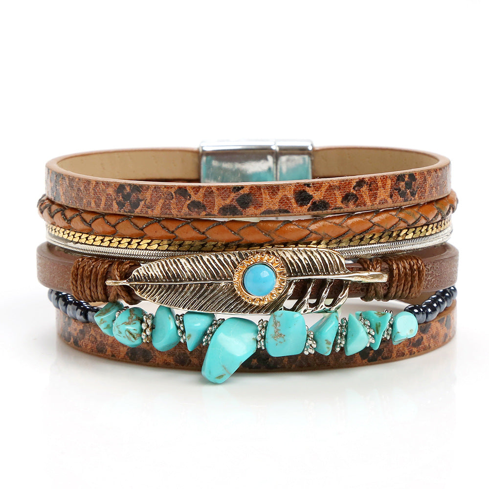 Crystal Leather Braided Leather Vintage Bohemian Feather Turquoise Gravel Magnet Clasp Bracelet