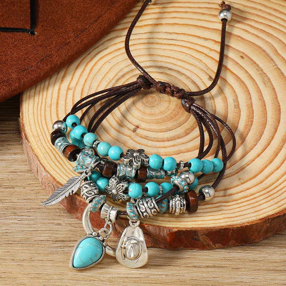 Ethnic Bohemian Turquoise Tow Hat Tassel Handmade Multi-laye