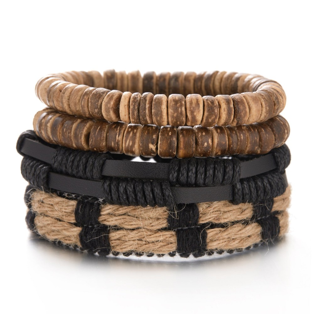 Coconut Shell Wood Beads Braided Bracelet Leather Bracelet