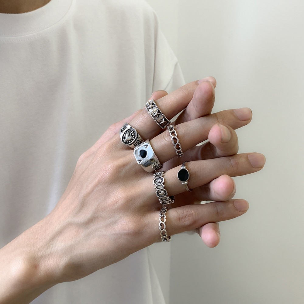 Men's metal ring set geometric hollow oil drop ring set ring