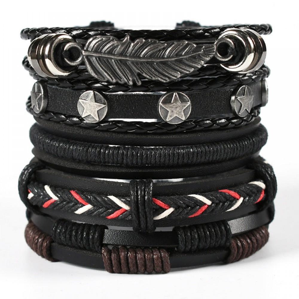 Men's Braided Leather Bracelet Multi-layer Set Skull Bracele