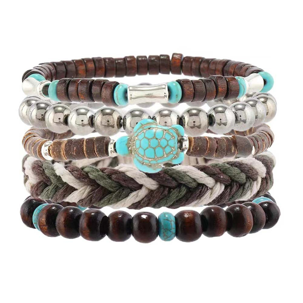Turquoise Turtle Retro Wooden Beads Wax Rope 5-Piece Braided