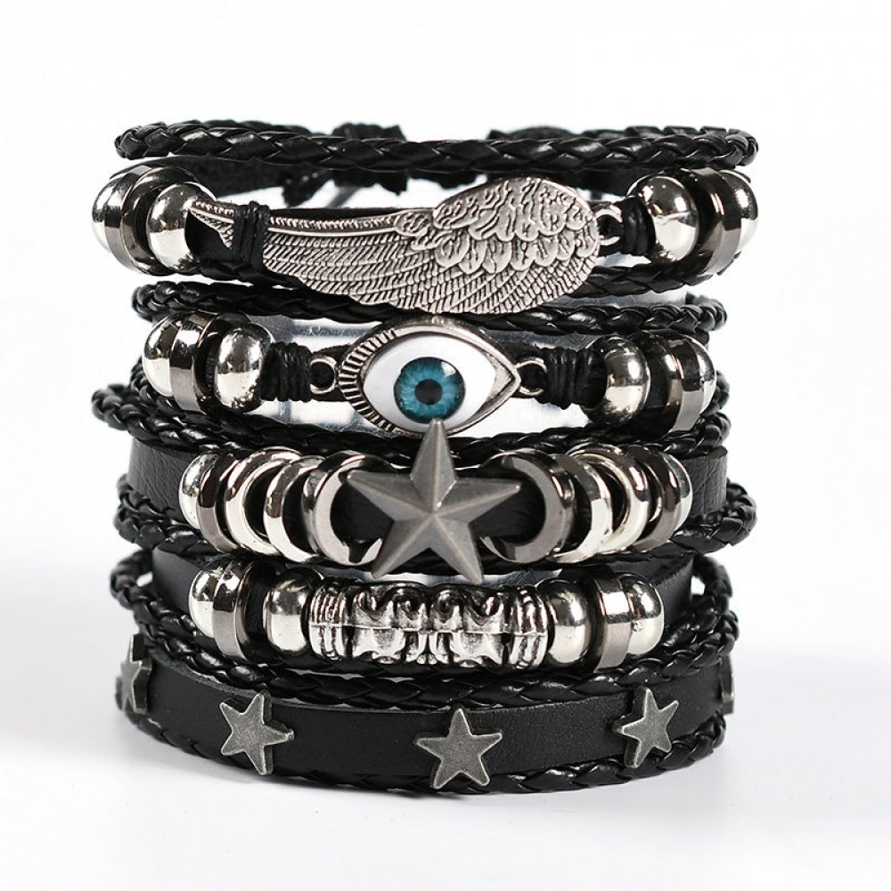 Men's Braided Leather Bracelet Multi-layer Set Skull Bracele