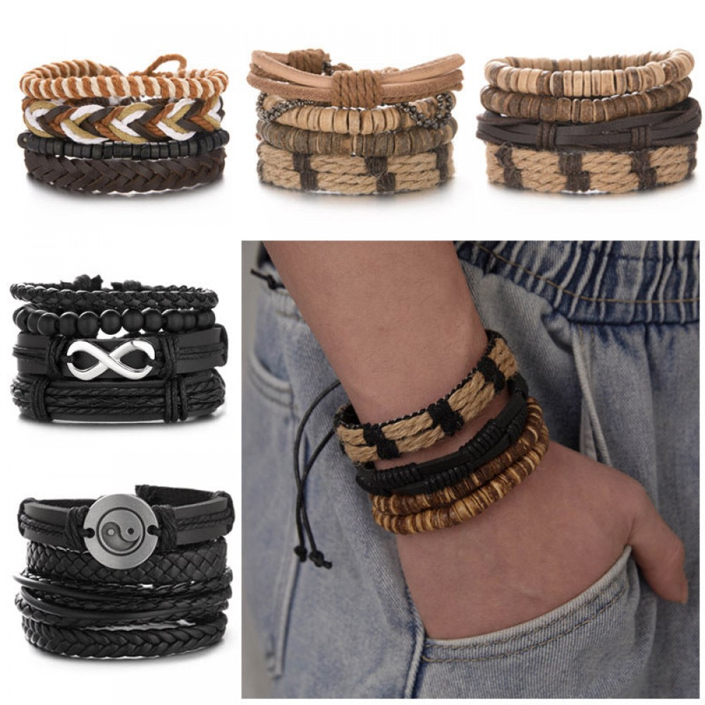 Coconut Shell Wood Beads Braided Bracelet Leather Bracelet