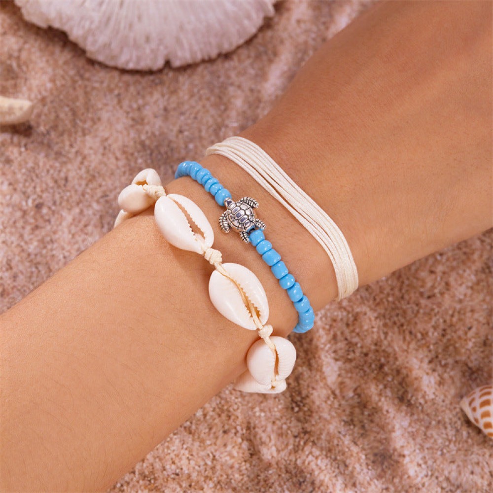 Vintage beach 3-piece set shell turtle rice bead bracelet pu