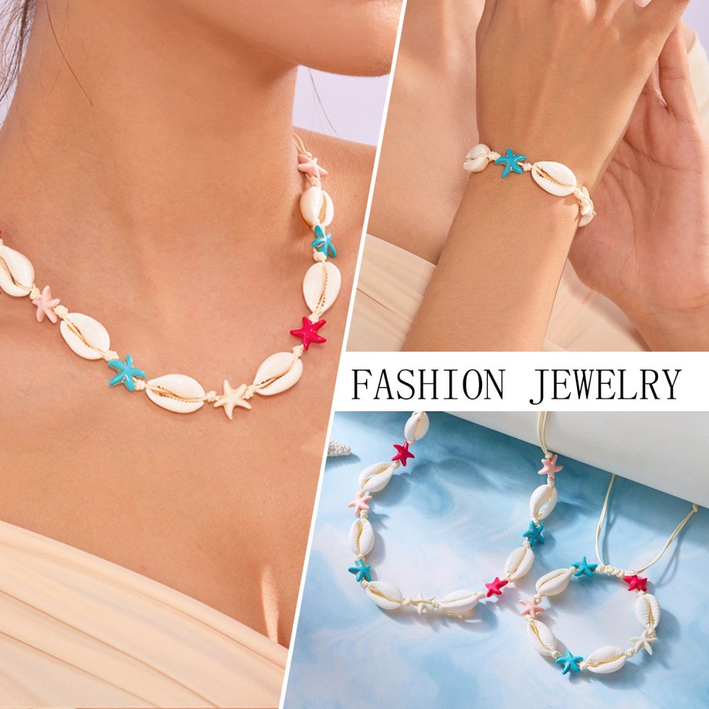 Summer Bohemian Colorful Starfish Shell Braided Bracelet Nec