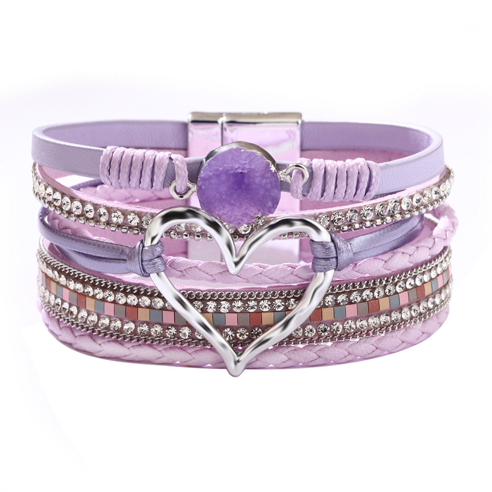 Bohemian Heart Rhinestone Magnetic Leather Bracelet