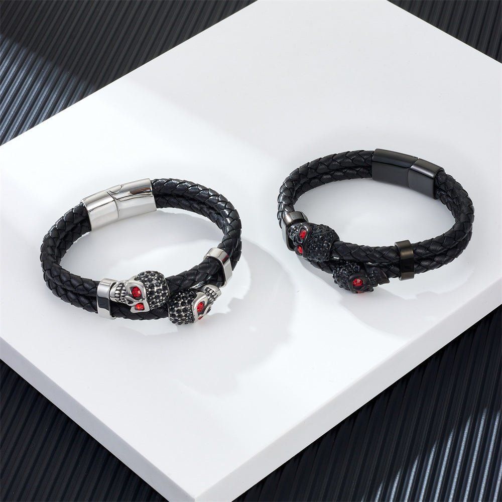 Cowhide Stainless Steel Skull Braided Men's Bracelet