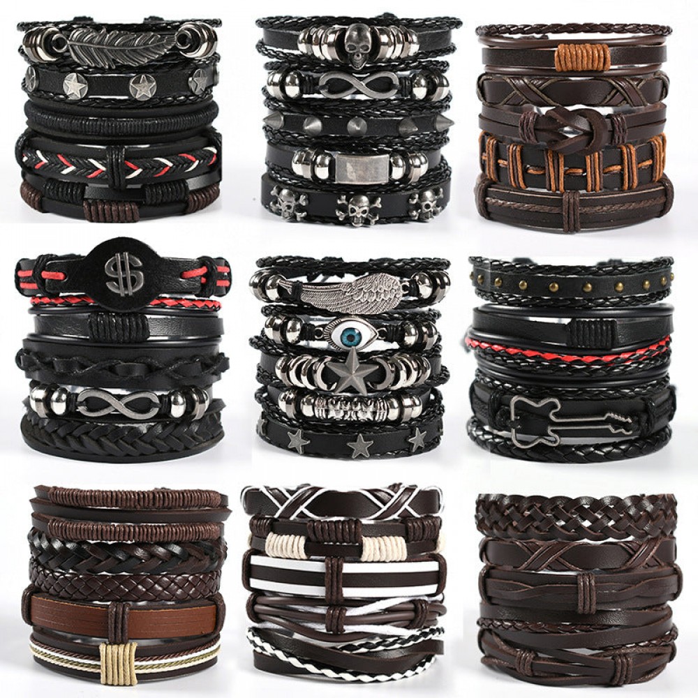 Men's Braided Leather Bracelet Multi-layer Set Skull Bracele