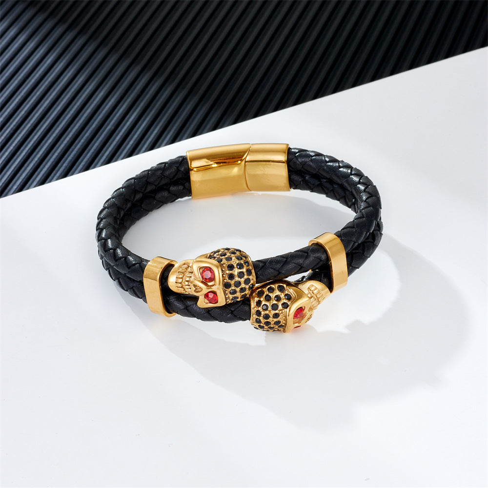 Cowhide Stainless Steel Skull Braided Men's Bracelet