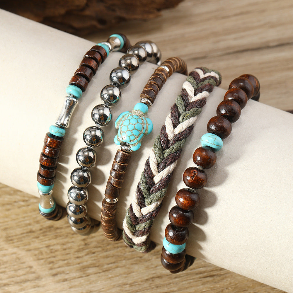 Turquoise Turtle Retro Wooden Beads Wax Rope 5-Piece Braided