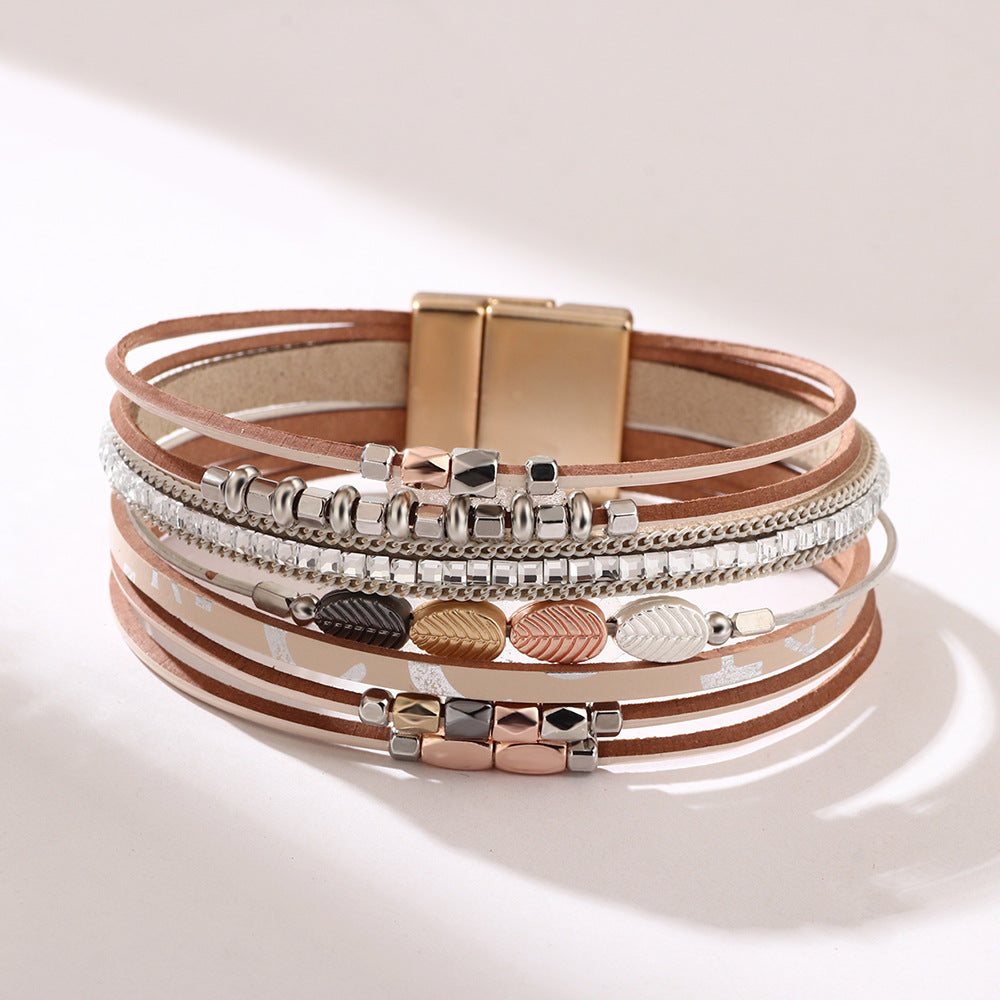 Bohemian Leather Braided Tree Leaf Magnetic Clasp Bracelet