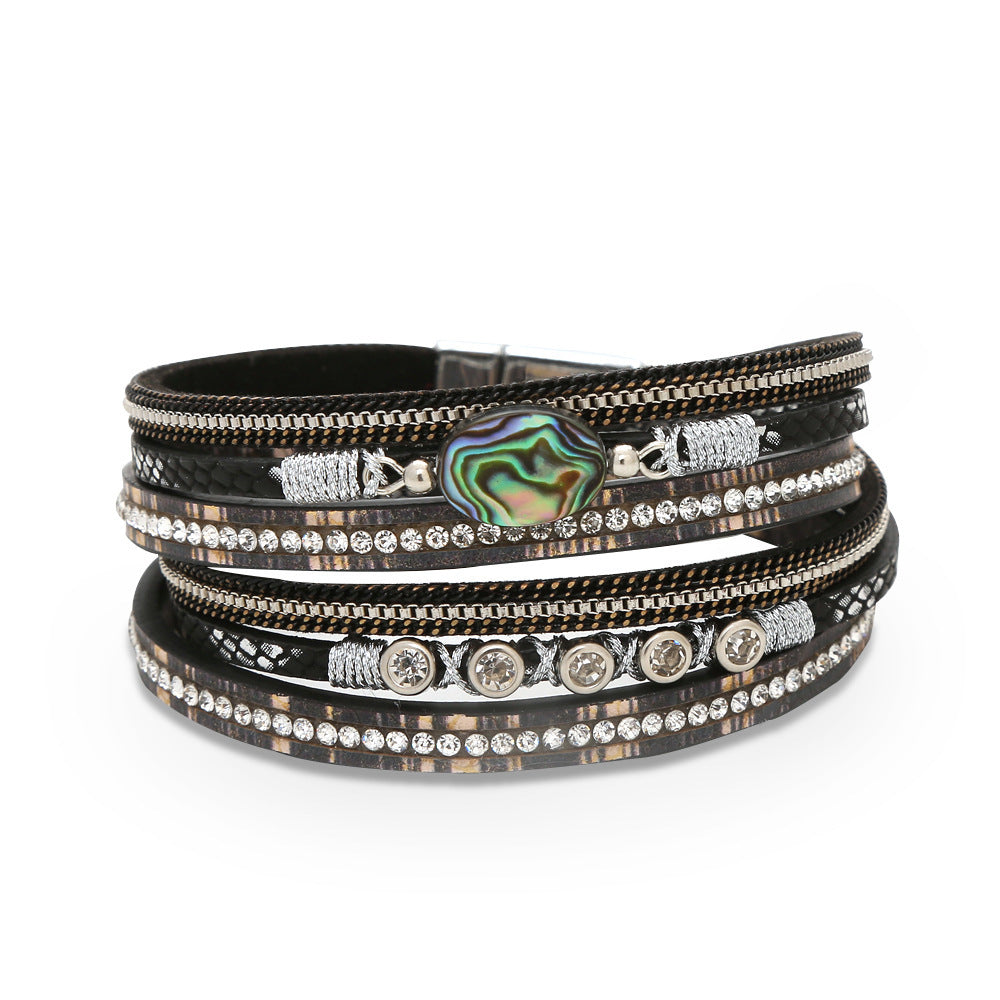 Crystal Leather Braided Leather Vintage Bohemian Feather Turquoise Gravel Magnet Clasp Bracelet