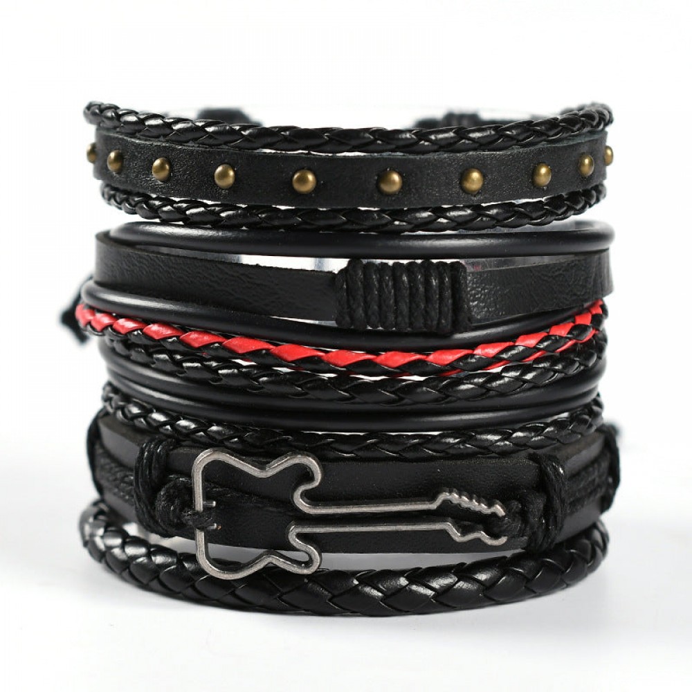 Men's Braided Leather Bracelet Multi-layer Set Skull Bracele