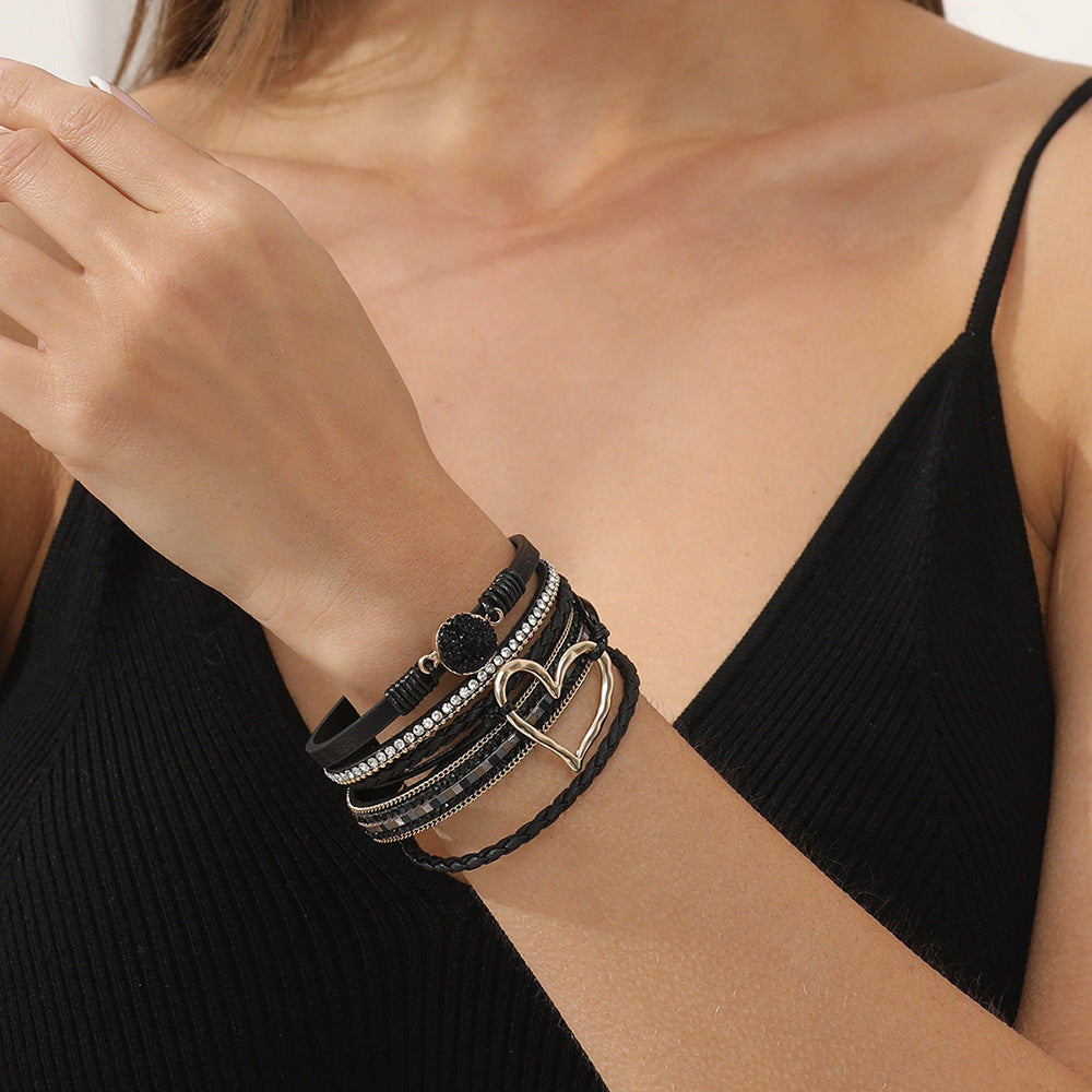 Bohemian Heart Rhinestone Magnetic Leather Bracelet