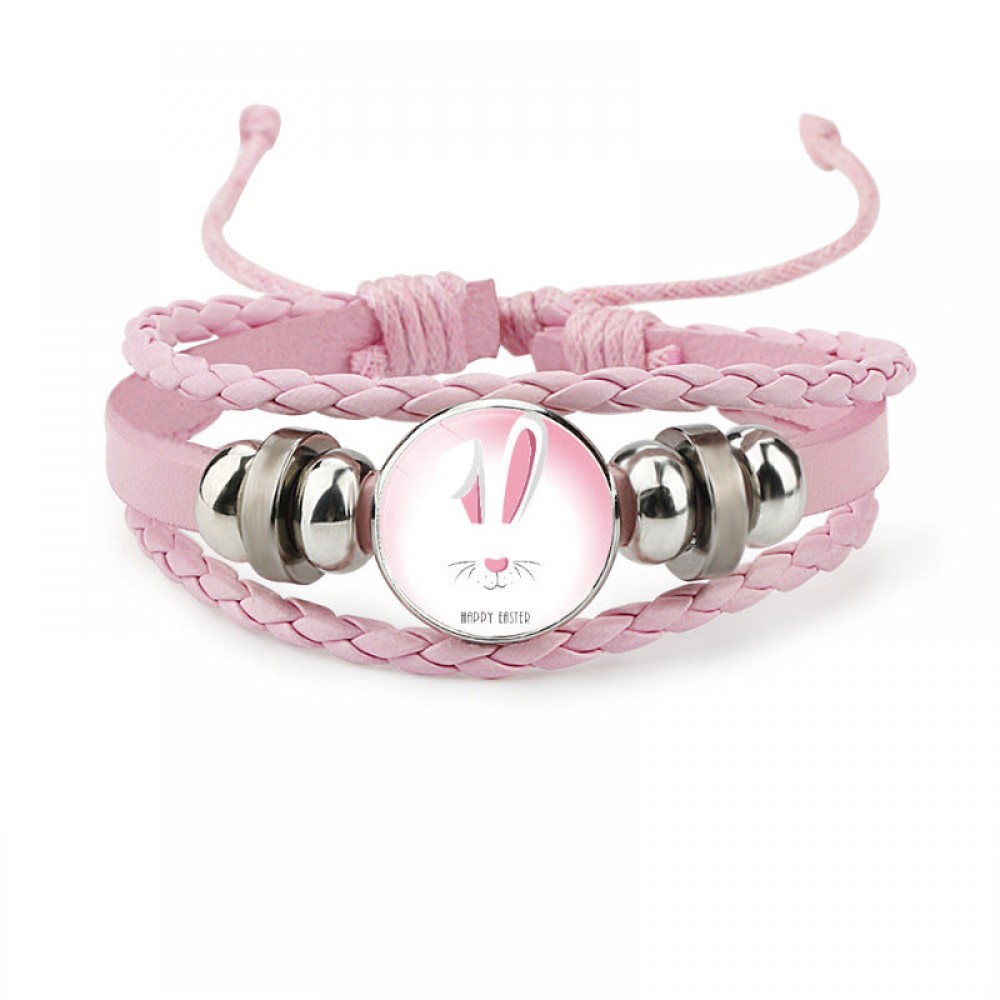 Easter Rabbit Time Gemstone Pink Leather Multi Layer Woven Bracelet OLY-BT-DaMu001