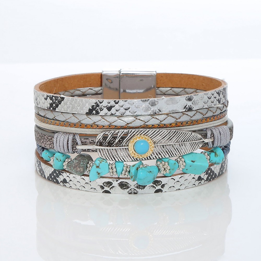 Crystal Leather Braided Leather Vintage Bohemian Feather Turquoise Gravel Magnet Clasp Bracelet