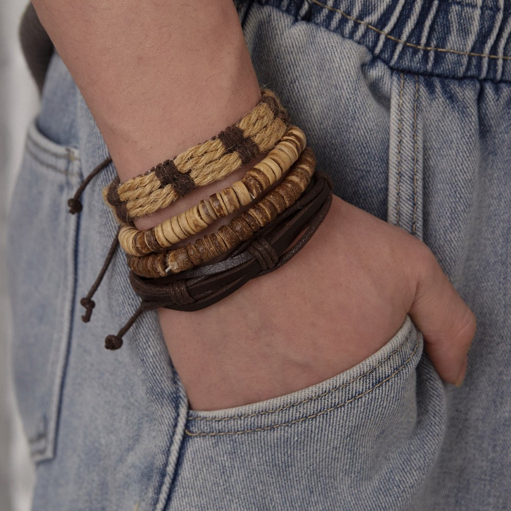 Coconut Shell Wood Beads Braided Bracelet Leather Bracelet