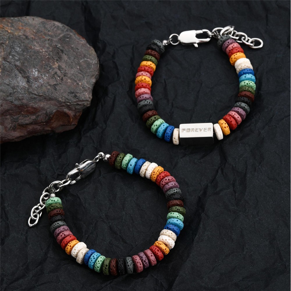 Colorful Volcanic Stone Titanium Steel Stitching Bracelet