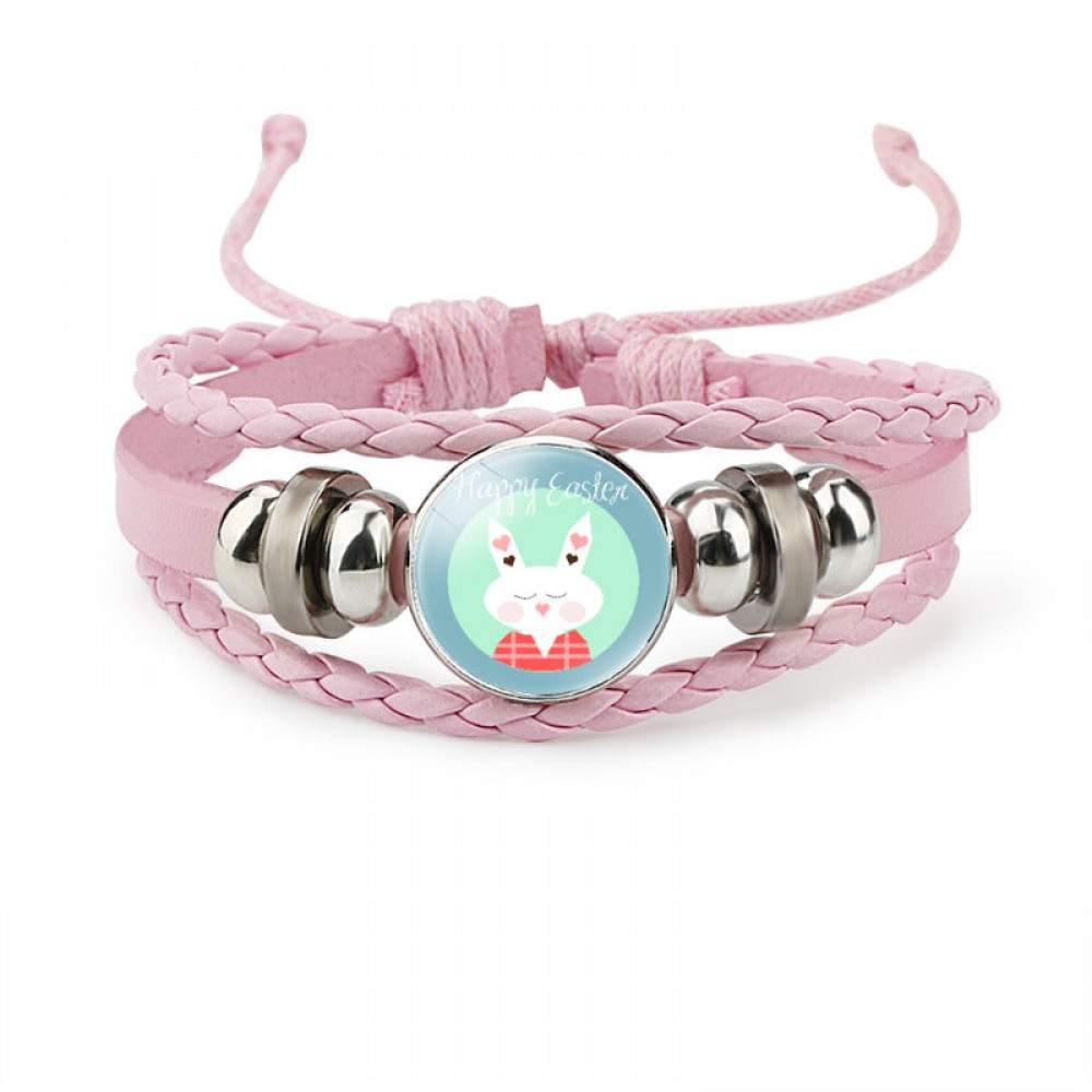Easter Rabbit Time Gemstone Pink Leather Multi Layer Woven Bracelet OLY-BT-DaMu001