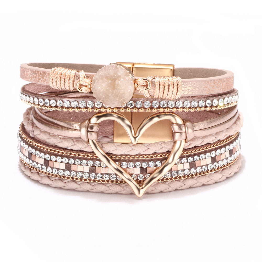 Bohemian Heart Rhinestone Magnetic Leather Bracelet
