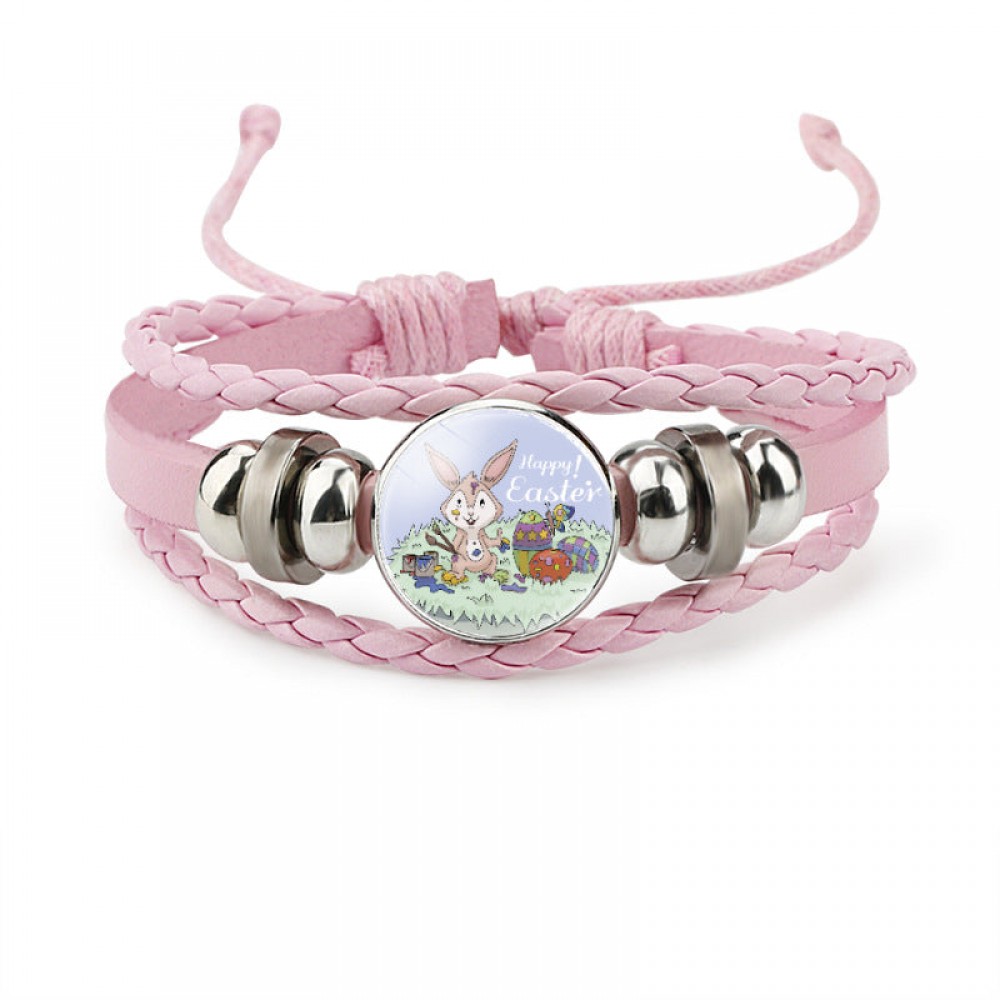 Easter Rabbit Time Gemstone Pink Leather Multi Layer Woven Bracelet OLY-BT-DaMu001